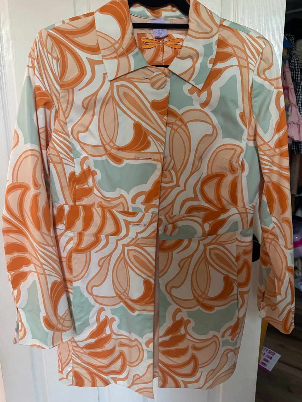 Tyler Boe Floral Pleated Trench Coat Orange Blue Women's Size 8